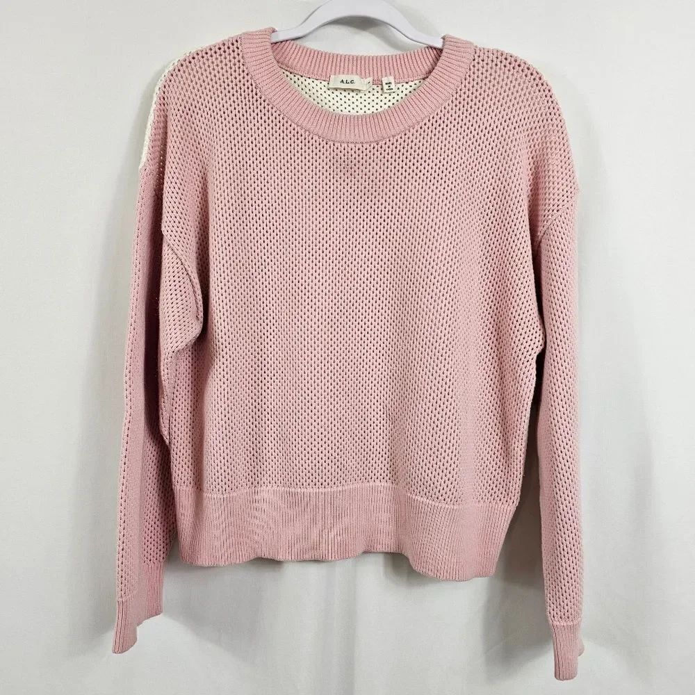 A.L.C Alana Color Block Open Knit Sweater in Baby Pink and White - Size M